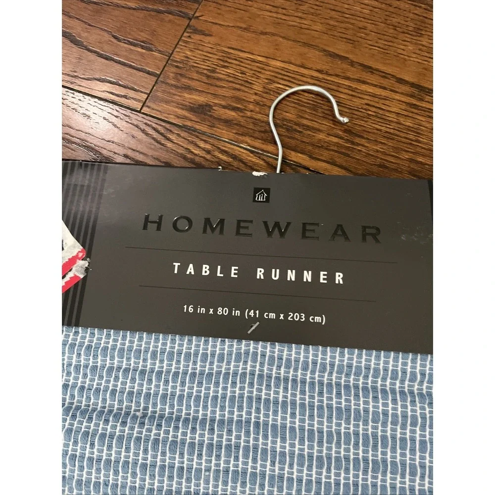 Homewear Woven Blue White Table Runner 16x80 Farmhouse Fringe Trim NWT